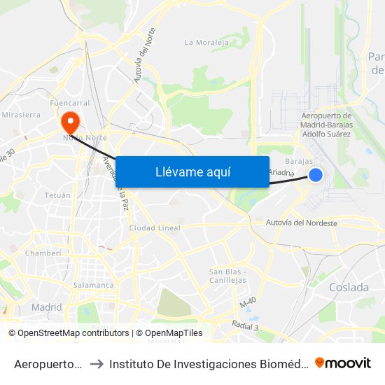 Aeropuerto T1 - T2 - T3 to Instituto De Investigaciones Biomédicas De Madrid ""Alberto Sols"" map