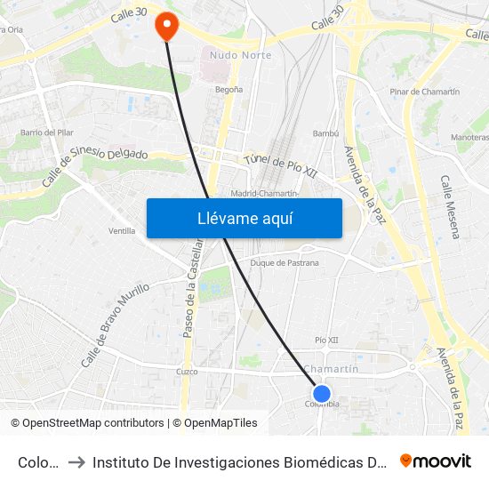 Colombia to Instituto De Investigaciones Biomédicas De Madrid ""Alberto Sols"" map