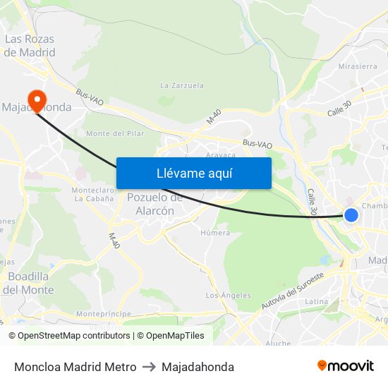 Moncloa Madrid Metro to Majadahonda map