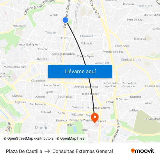 Plaza De Castilla to Consultas Externas General map