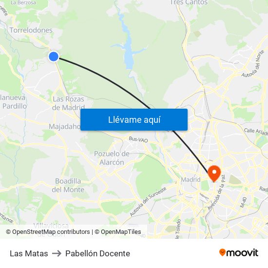 Las Matas to Pabellón Docente map