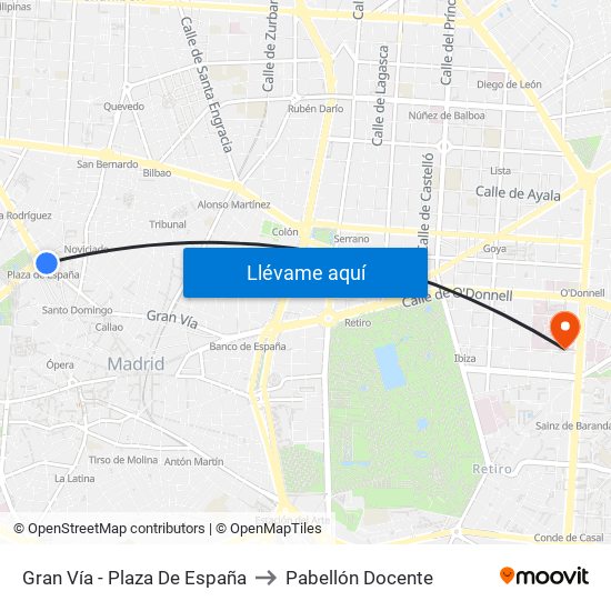 Gran Vía - Plaza De España to Pabellón Docente map