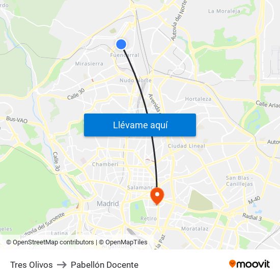 Tres Olivos to Pabellón Docente map