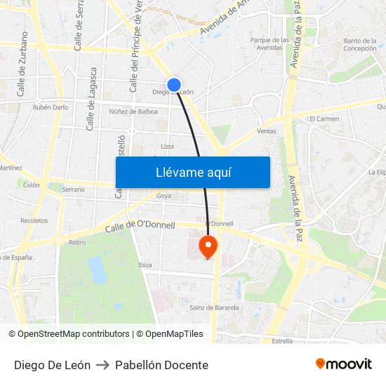 Diego De León to Pabellón Docente map