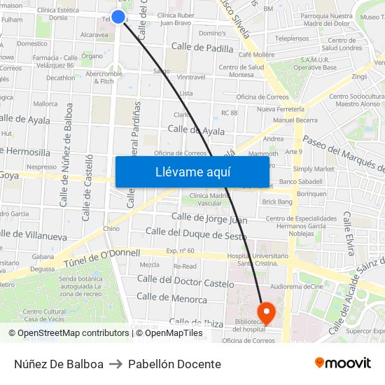 Núñez De Balboa to Pabellón Docente map