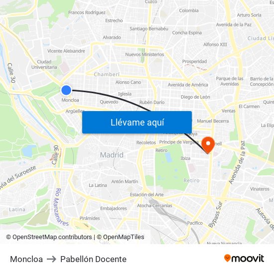 Moncloa to Pabellón Docente map