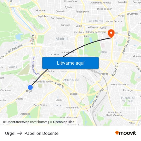 Urgel to Pabellón Docente map