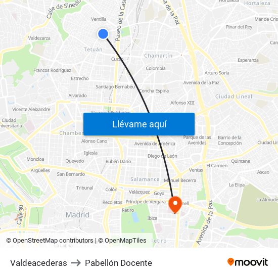 Valdeacederas to Pabellón Docente map