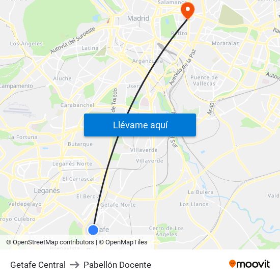 Getafe Central to Pabellón Docente map