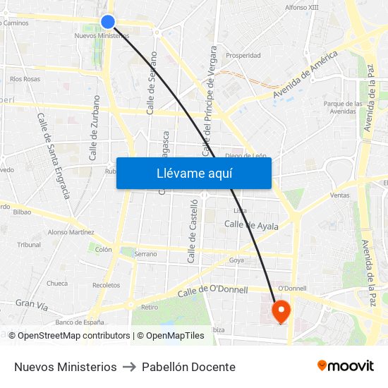 Nuevos Ministerios to Pabellón Docente map