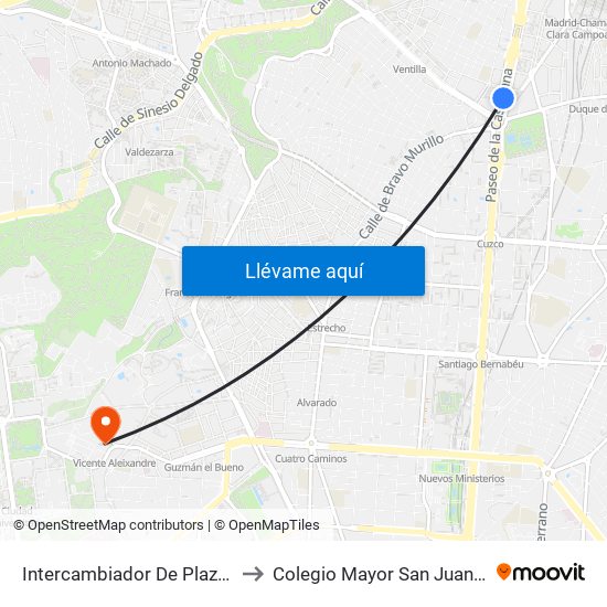 Intercambiador De Plaza De Castilla to Colegio Mayor San Juan Evangelista map