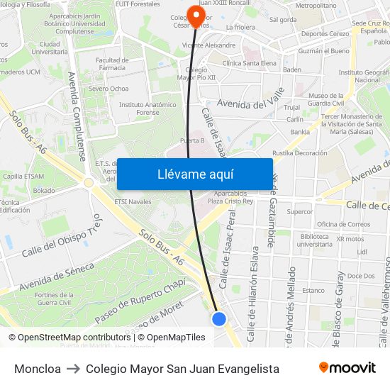 Moncloa to Colegio Mayor San Juan Evangelista map