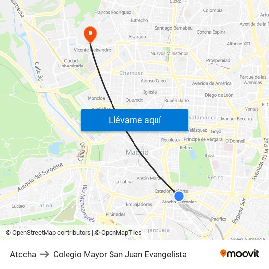Atocha to Colegio Mayor San Juan Evangelista map