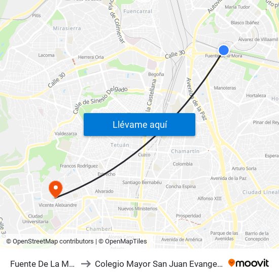 Fuente De La Mora to Colegio Mayor San Juan Evangelista map
