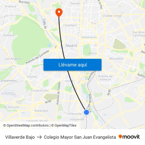 Villaverde Bajo to Colegio Mayor San Juan Evangelista map