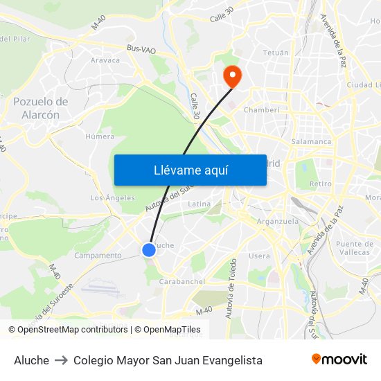 Aluche to Colegio Mayor San Juan Evangelista map