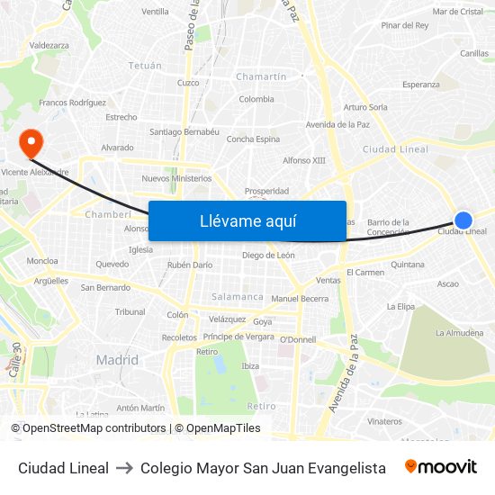 Ciudad Lineal to Colegio Mayor San Juan Evangelista map