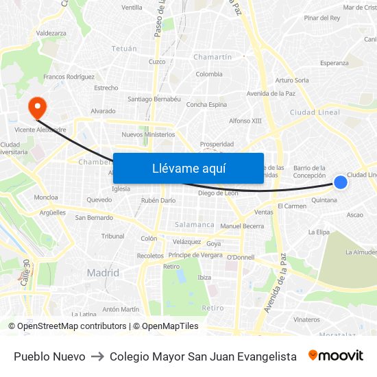 Pueblo Nuevo to Colegio Mayor San Juan Evangelista map