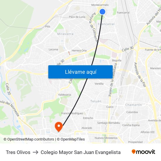 Tres Olivos to Colegio Mayor San Juan Evangelista map