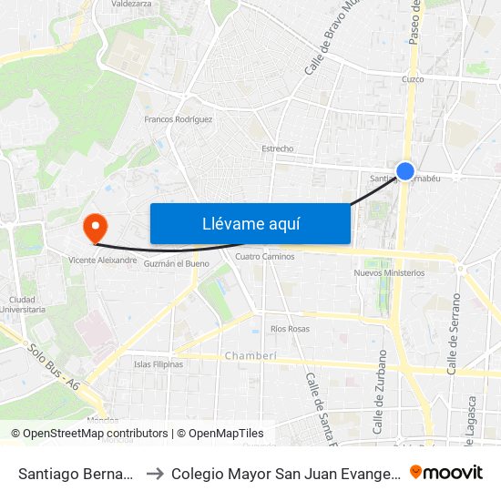 Santiago Bernabéu to Colegio Mayor San Juan Evangelista map