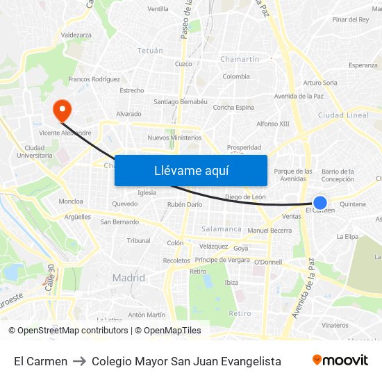 El Carmen to Colegio Mayor San Juan Evangelista map