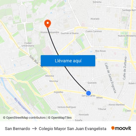 San Bernardo to Colegio Mayor San Juan Evangelista map