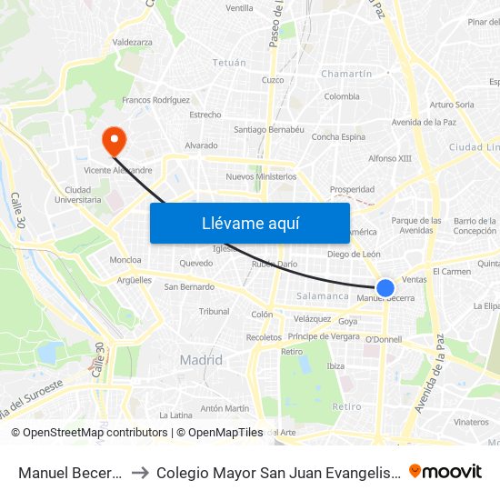 Manuel Becerra to Colegio Mayor San Juan Evangelista map