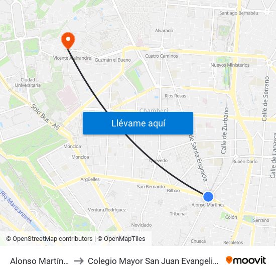 Alonso Martínez to Colegio Mayor San Juan Evangelista map