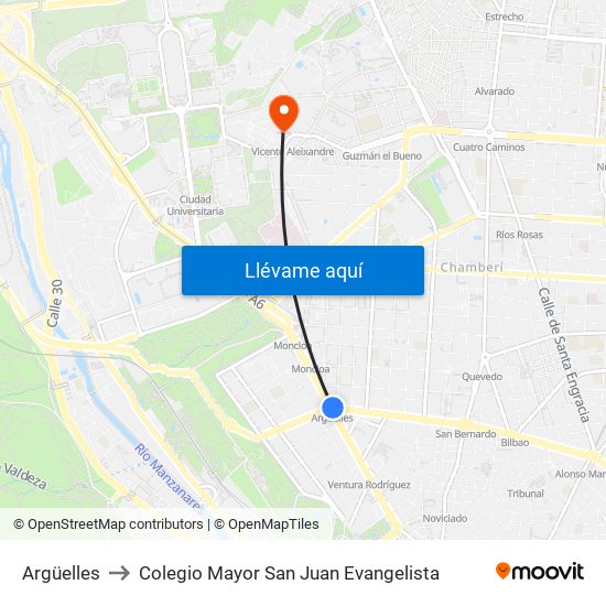 Argüelles to Colegio Mayor San Juan Evangelista map