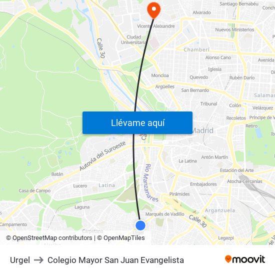 Urgel to Colegio Mayor San Juan Evangelista map