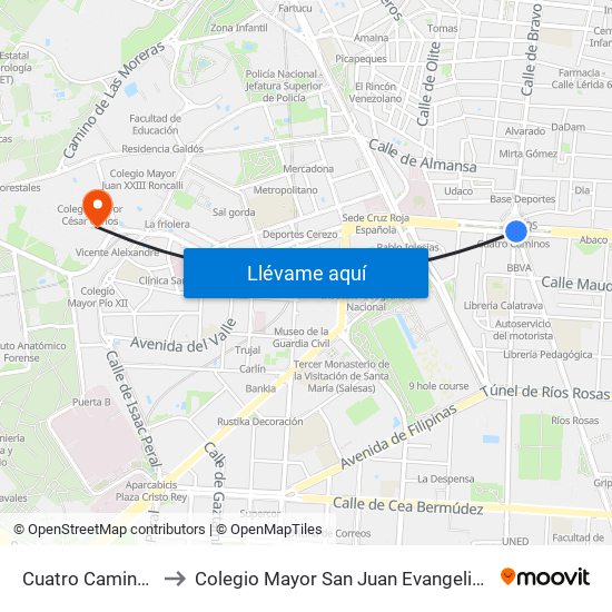 Cuatro Caminos to Colegio Mayor San Juan Evangelista map