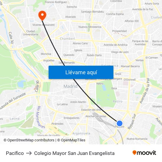 Pacífico to Colegio Mayor San Juan Evangelista map