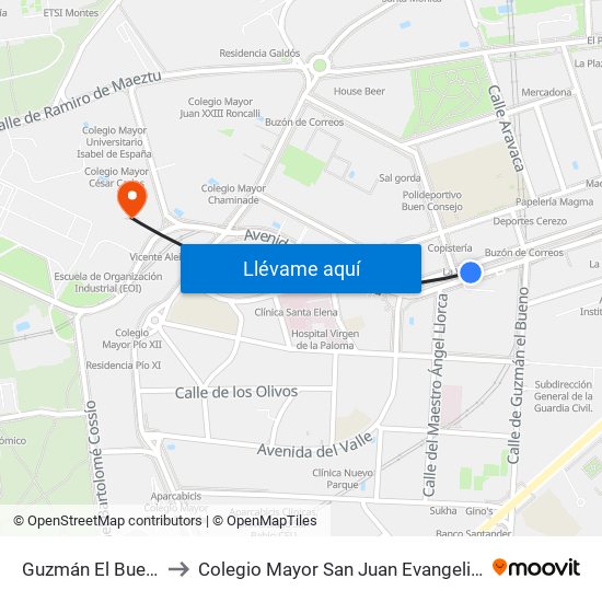 Guzmán El Bueno to Colegio Mayor San Juan Evangelista map
