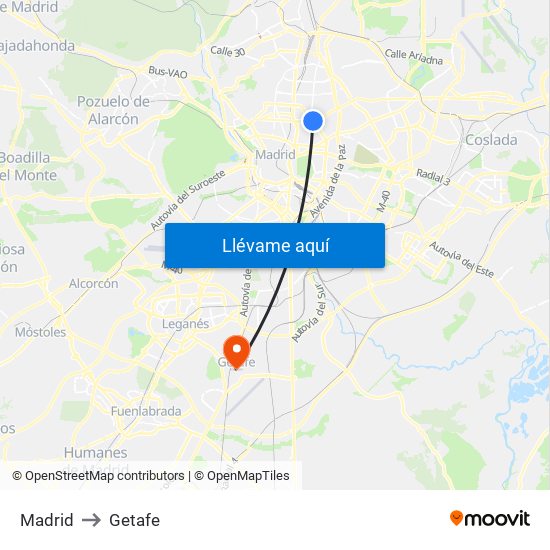 Madrid to Getafe map