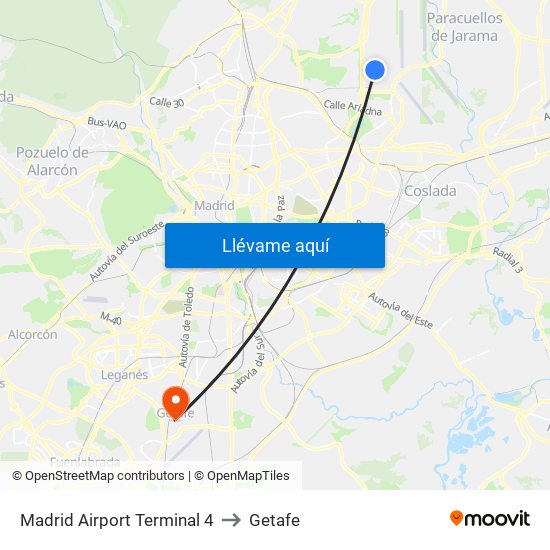 Madrid Airport Terminal 4 to Getafe map