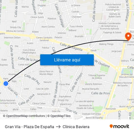 Gran Vía - Plaza De España to Clínica Baviera map