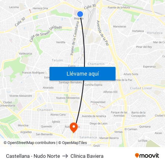 Castellana - Nudo Norte to Clínica Baviera map