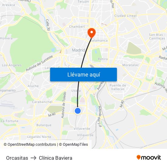 Orcasitas to Clínica Baviera map