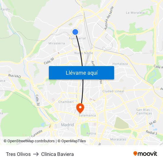 Tres Olivos to Clínica Baviera map