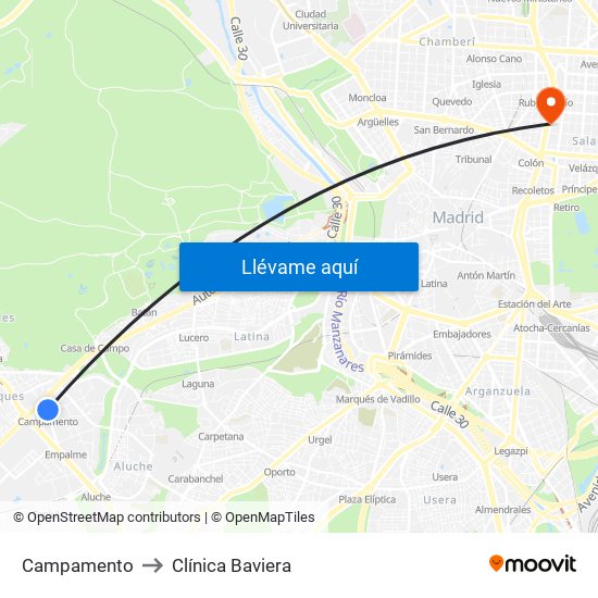 Campamento to Clínica Baviera map