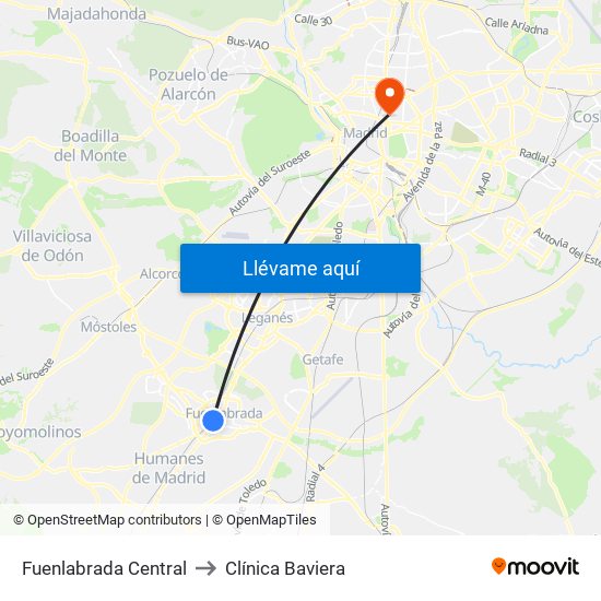 Fuenlabrada Central to Clínica Baviera map