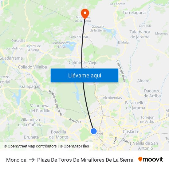 Moncloa to Plaza De Toros De Miraflores De La Sierra map