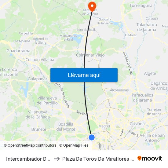 Intercambiador De Aluche to Plaza De Toros De Miraflores De La Sierra map