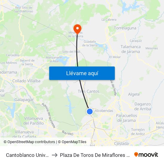 Cantoblanco Universidad to Plaza De Toros De Miraflores De La Sierra map