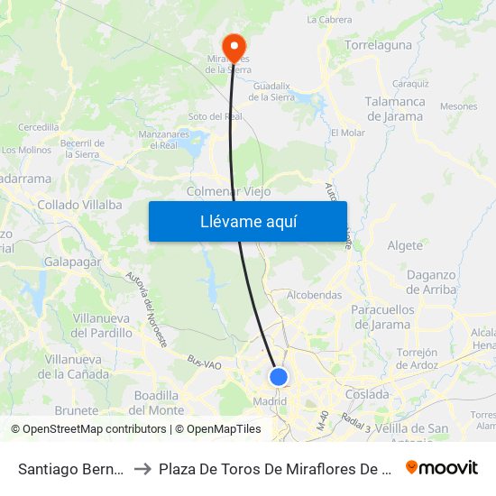 Santiago Bernabéu to Plaza De Toros De Miraflores De La Sierra map