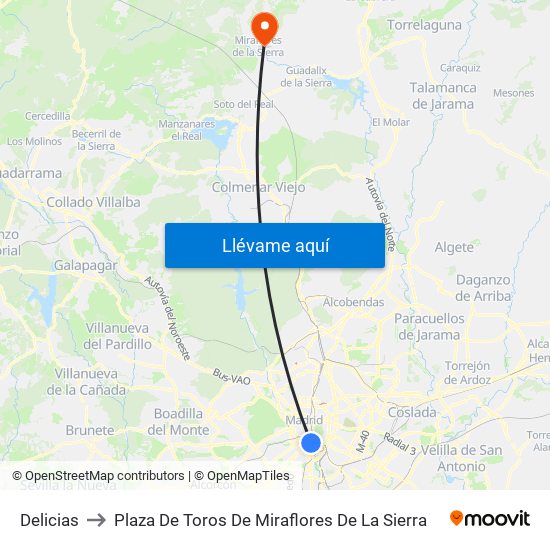 Delicias to Plaza De Toros De Miraflores De La Sierra map