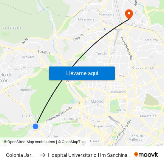 Colonia Jardín to Hospital Universitario Hm Sanchinarro map
