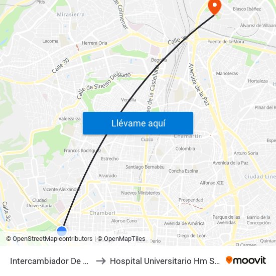 Intercambiador De Moncloa to Hospital Universitario Hm Sanchinarro map