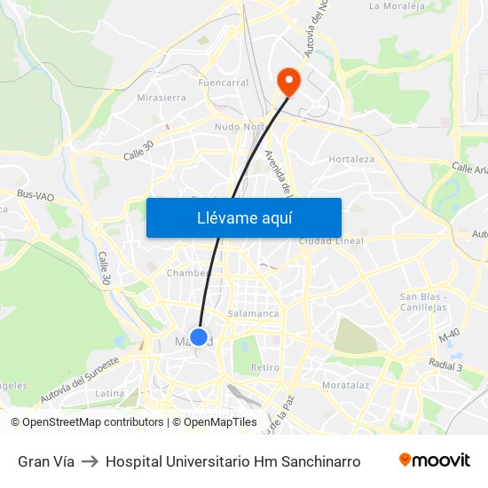 Gran Vía to Hospital Universitario Hm Sanchinarro map
