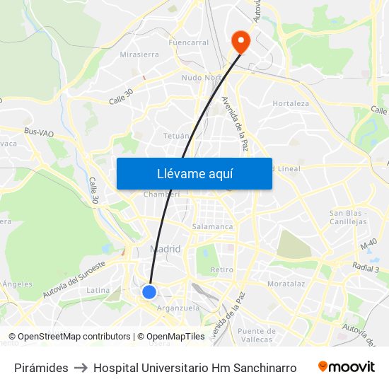 Pirámides to Hospital Universitario Hm Sanchinarro map